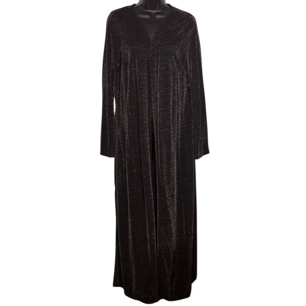 Joan Rivers Duster Full Length Black Shimmer Bell Sleeves Open Front Size Small